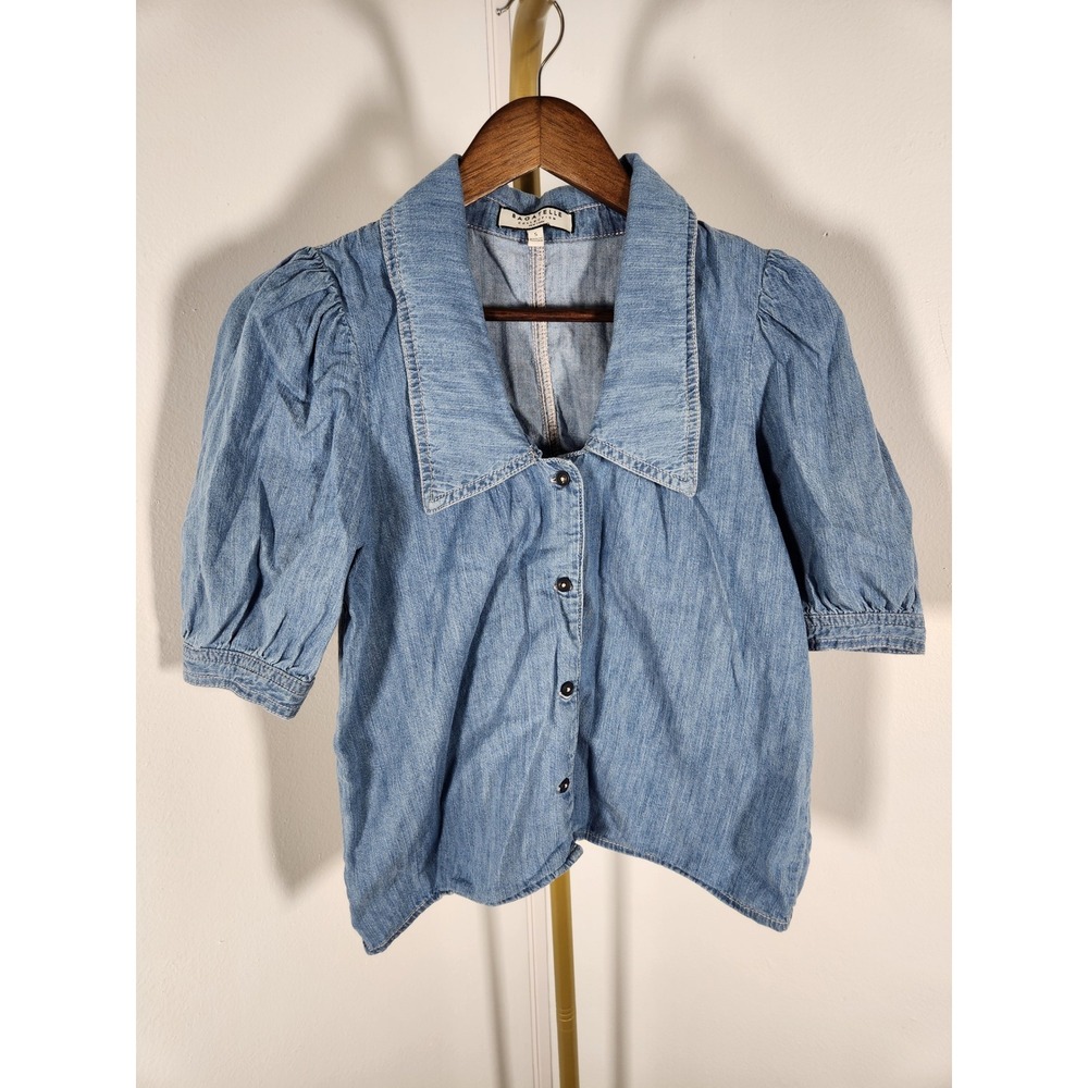 Bagatelle Collection Denim Sailor Peter Pan Collar Puff Sleeve Blouse Size Small